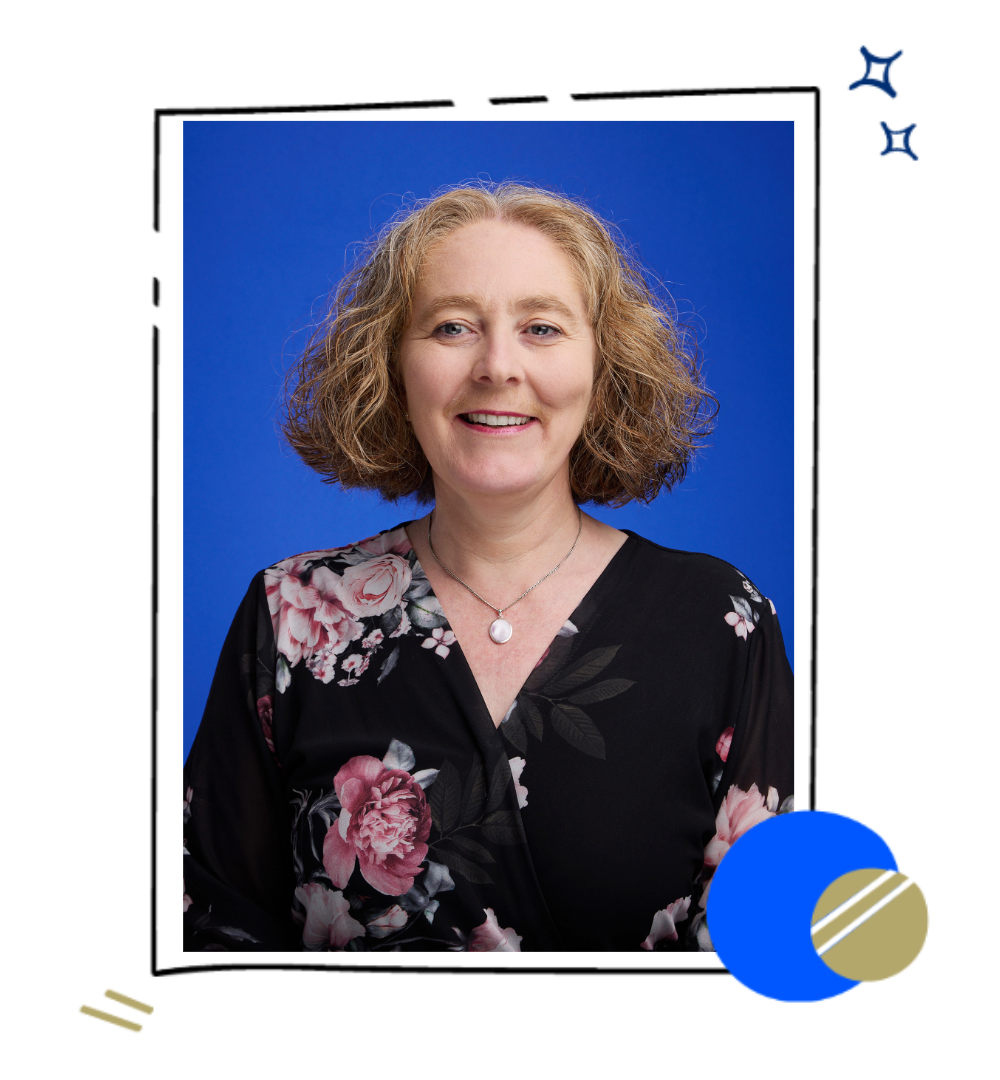Image of a woman with short bobbed hair on a blue background